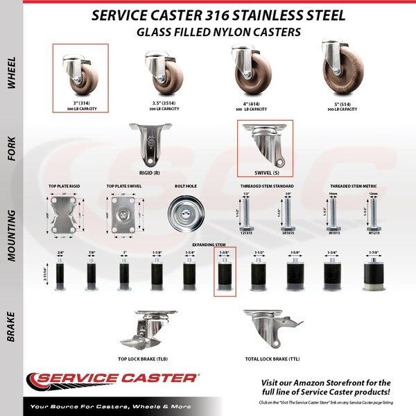 Service Caster 3 Inch 316SS High Temp Glass Filled Nylon 1-3/8 Inch Expanding Stem Caster Set SCC-SS316EX20S314-GFNSHT-138-4 - main